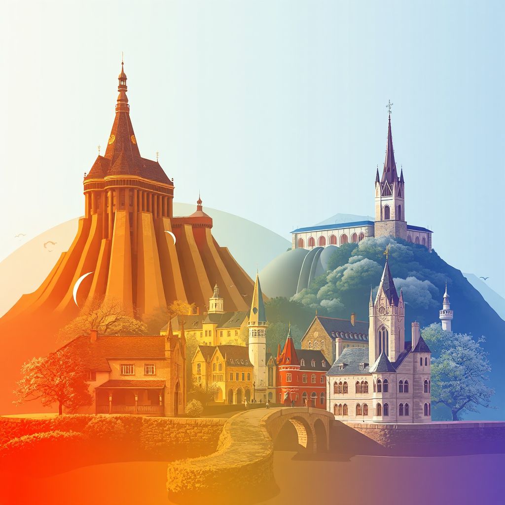 Ultra-high-definition gradient illustration style Province du Hainaut illustration, showing the unique charm of the Grand-Hornu and Binche.