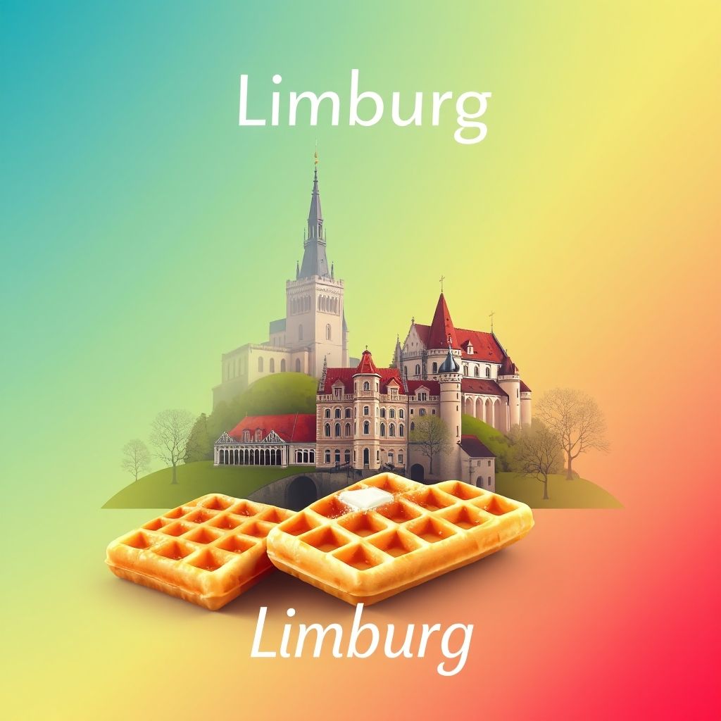 Ultra-high-definition gradient illustration of Limburg, Flanders, Belgium, featuring Bokrijk Open-Air Museum, Alden Biesen Castle, and Belgian waffles.