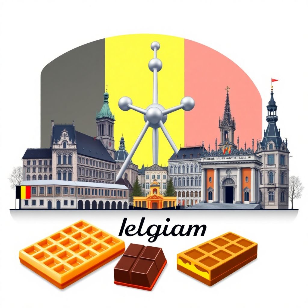 Ultra-high-definition gradient illustrations in Belgian style, showing the unique charm of the Atomium and Grand Place