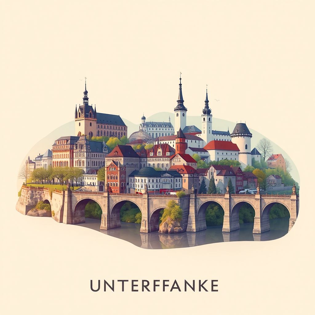Ultra-high-definition gradient illustration of Regierungsbezirk Unterfranken, featuring Würzburg Residence, Fortress Marienberg, and the Old Main Bridge.