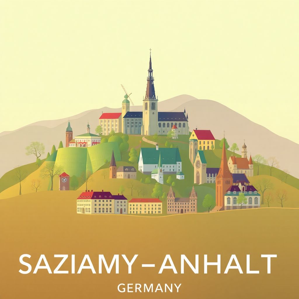 Ultra-high-definition gradient illustration of Saxony-Anhalt, Germany, featuring the Bauhaus Dessau, Magdeburg Cathedral, and Lutherstadt Wittenberg.