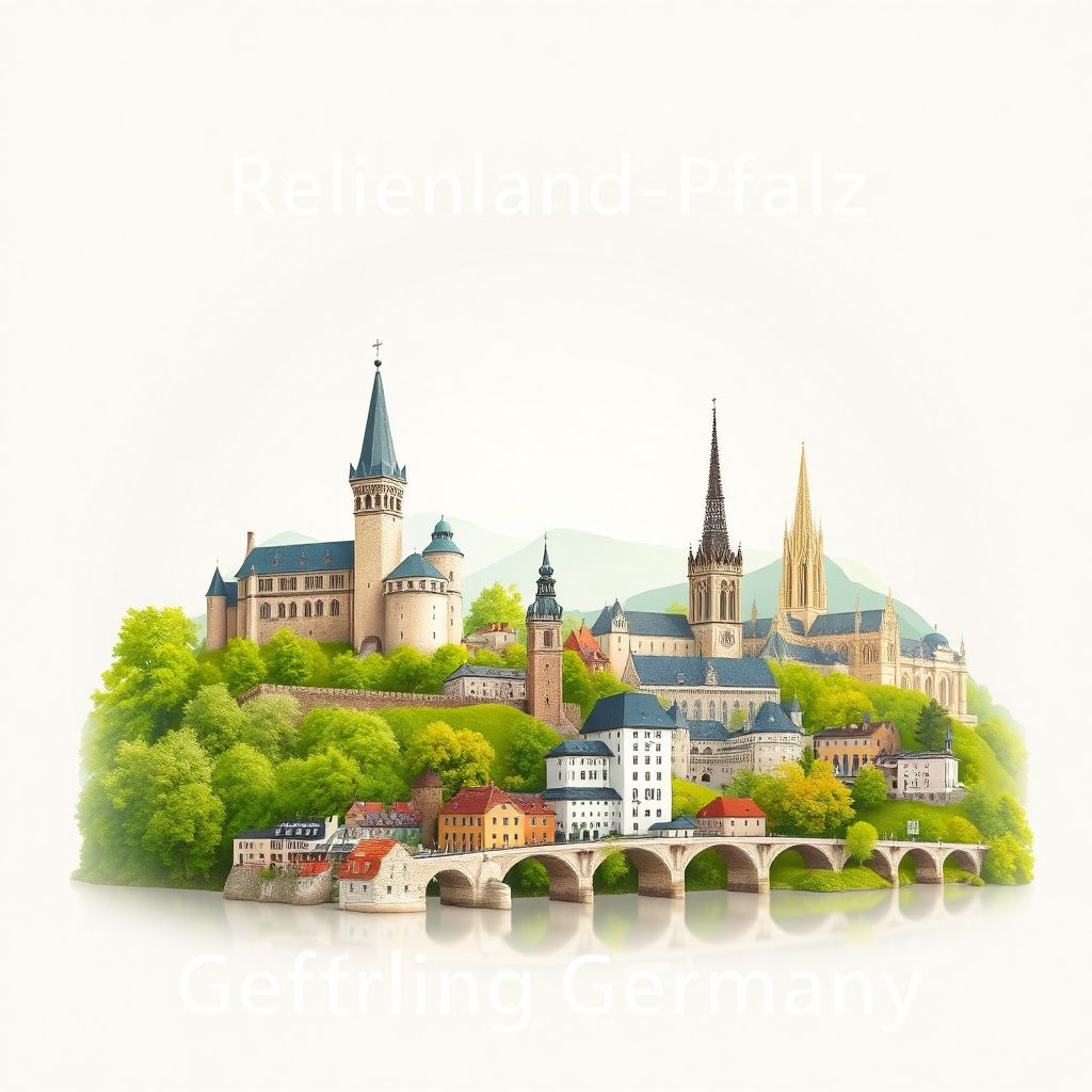 Ultra-high-definition gradient illustration of Rheinland-Pfalz, Germany, featuring Cochem Castle, Loreley Rock, Speyer Cathedral, and Riesling wine.