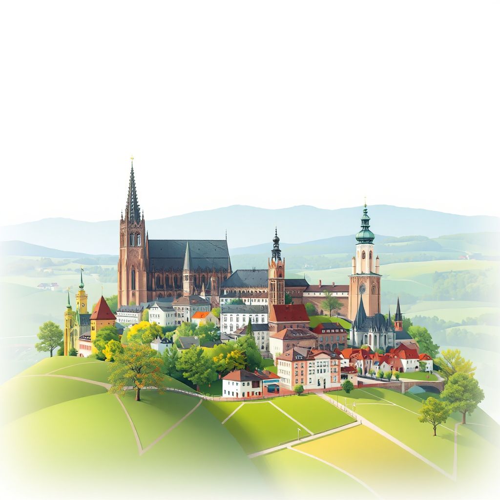 Ultra-high-definition gradient illustration style Upper Franconia illustration, featuring the Bamberg Cathedral and the Basilica of the Fourteen Holy Helpers.