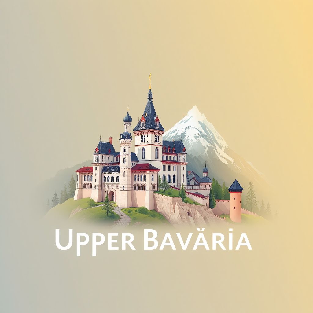 Ultra-high-definition gradient illustration style Upper Bavaria illustration, showcasing Neuschwanstein Castle and the Zugspitze mountain.