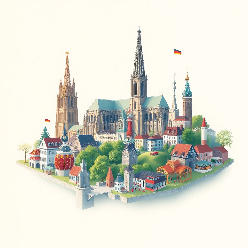 Ultra-high-definition gradient illustration of North Rhine-Westphalia, Germany, featuring Cologne Cathedral, Monschau, Düsseldorf carnival, and traditional sausages.