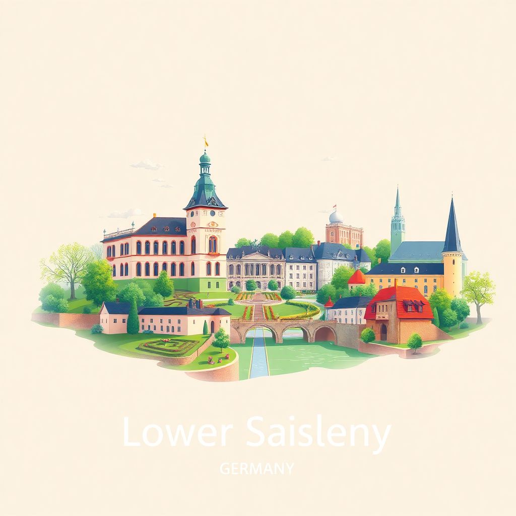 Ultra-high-definition gradient illustration style Lower Saxony illustration, showcasing the unique charm of the Herrenhausen Gardens, the historic city of Goslar, and the Lüneburg Heath.