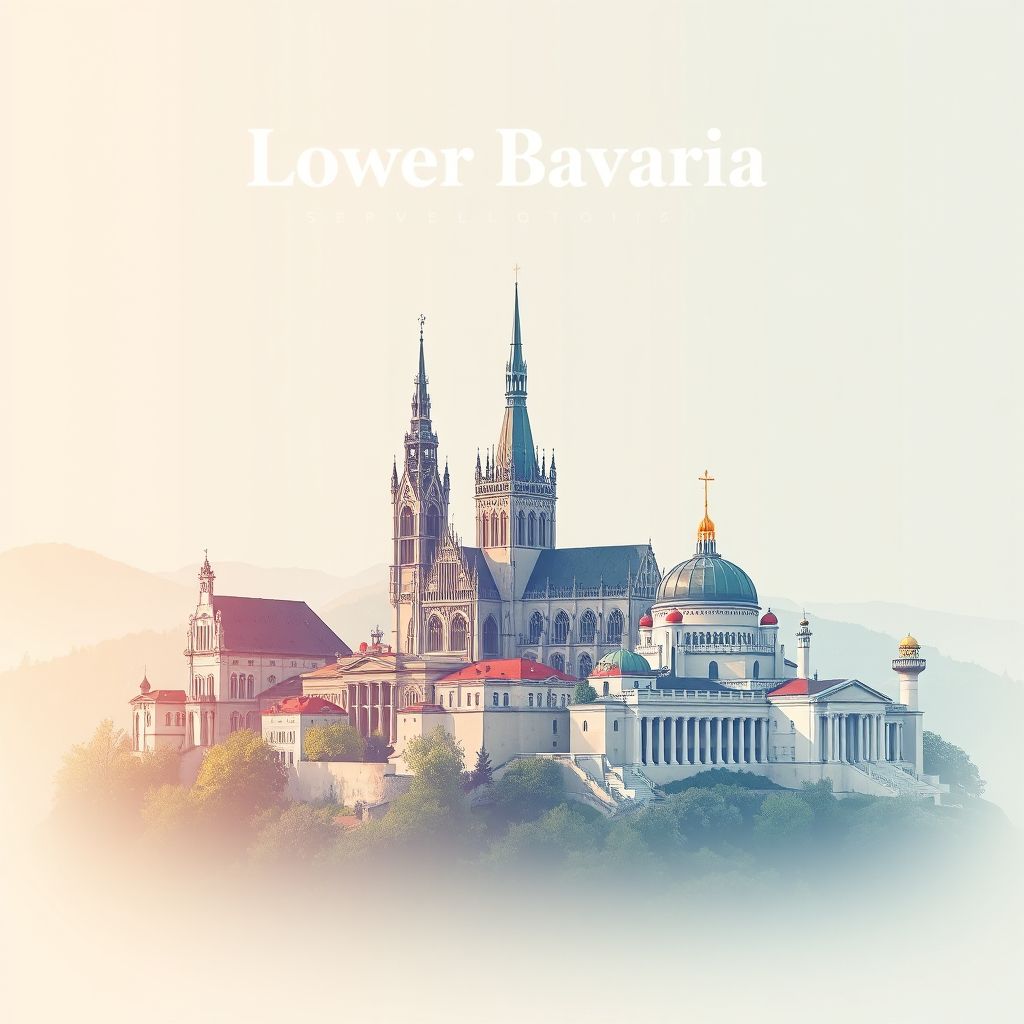 Ultra-high-definition gradient illustration of Lower Bavaria, featuring the Regensburg Cathedral and Walhalla memorial.