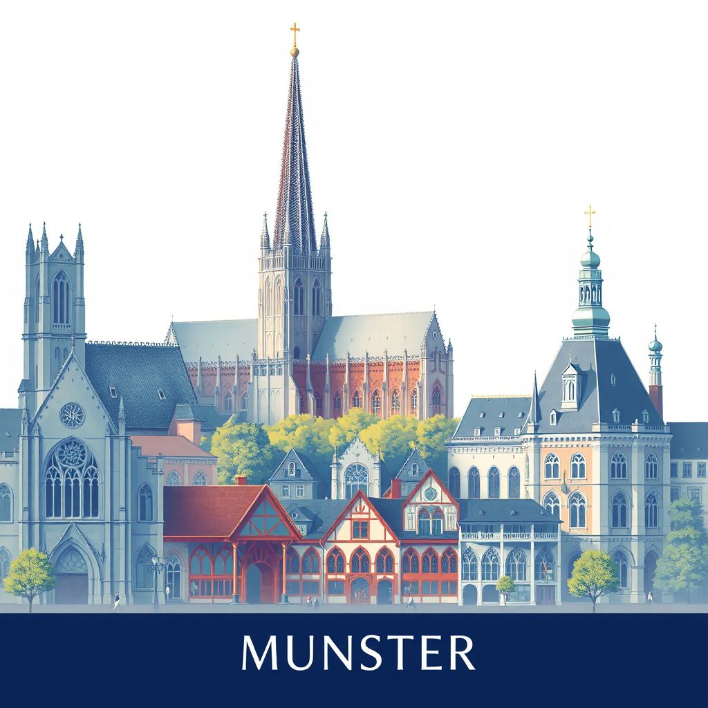 Ultra-high-definition gradient illustration style Munster depiction, featuring Munster Cathedral, the Prinzipalmarkt, and the historic Town Hall.