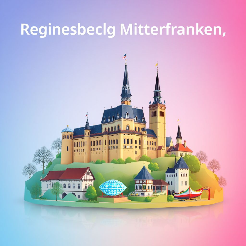 Ultra-high-definition gradient illustration style Regierungsbezirk Mittelfranken illustration, featuring the Nuremberg Castle and the Playmobil FunPark.