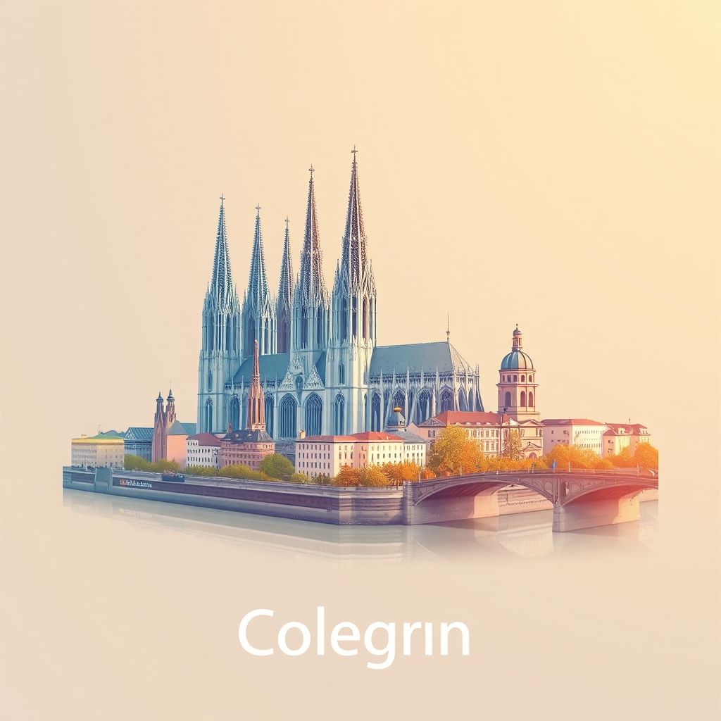 Ultra-high-definition gradient illustration of Regierungsbezirk Koeln, North Rhine-Westphalia, Germany, featuring the Cologne Cathedral and the Rhine River.