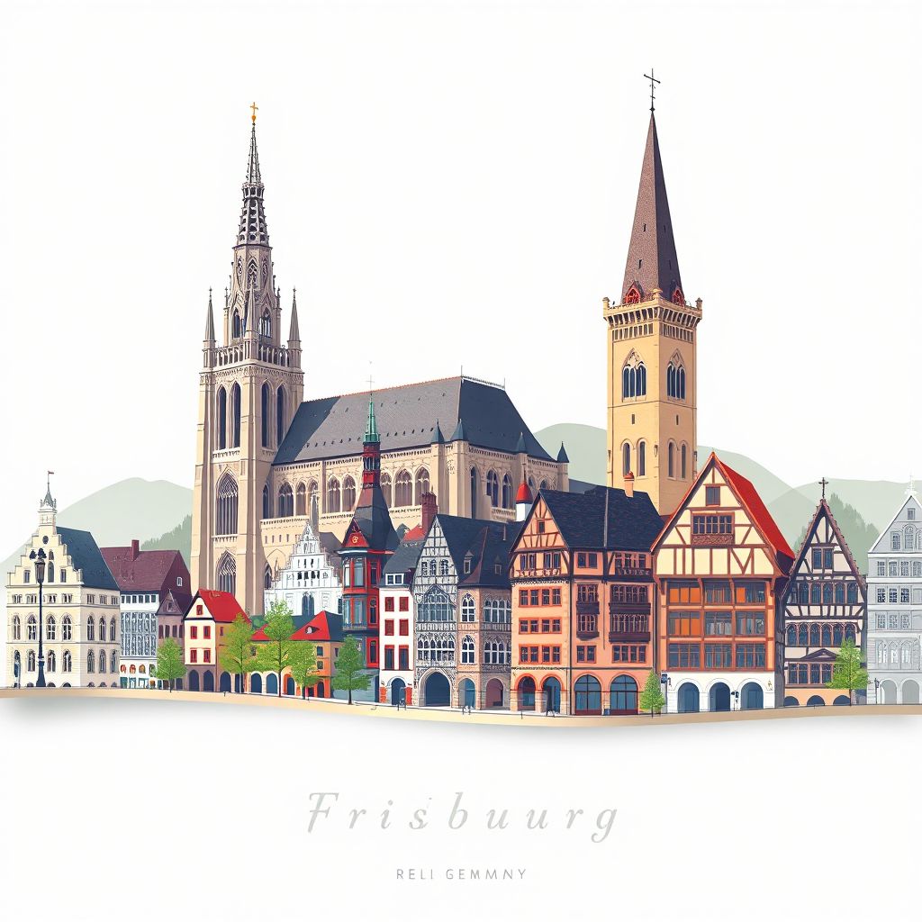 Ultra-high-definition gradient illustration style Freiburg illustration, showcasing the unique charm of the Freiburg Minster, the Old Town Hall, and the historic Merchants' Hall.