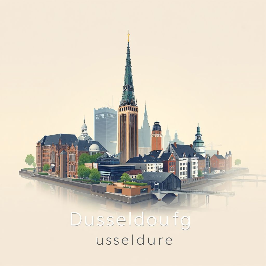 Ultra-high-definition gradient illustration of Duesseldorf, featuring the Rhine Tower, Old Town, and MedienHafen.
