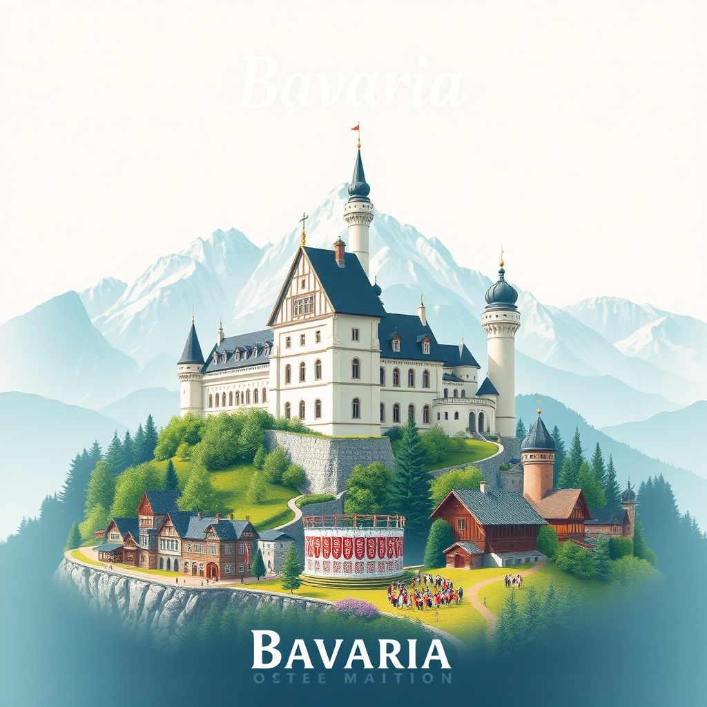 Ultra-high-definition gradient illustration of Bavaria, Germany, featuring Neuschwanstein Castle, the Bavarian Alps, and Oktoberfest.