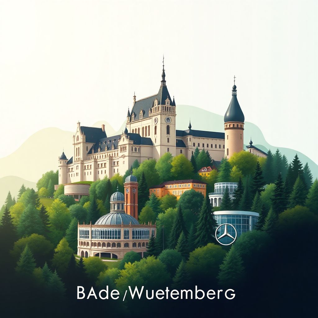 Ultra-high-definition gradient illustration style Baden-Wuerttemberg illustration, showing the unique charm of Heidelberg Castle, the Black Forest, and the Mercedes-Benz Museum.