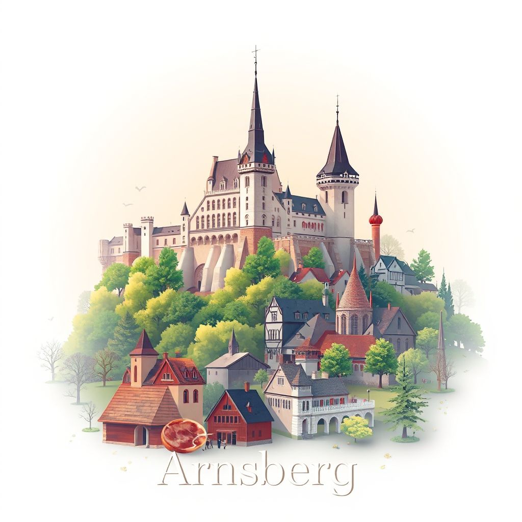 Ultra-high-definition gradient illustration of Arnsberg, North Rhine-Westphalia, Germany, featuring Arnsberg Castle, Sauerland Pyramids, and Westphalian ham.