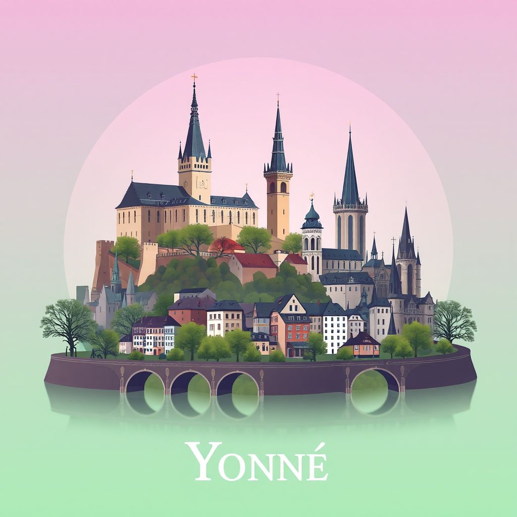 Ultra-high-definition gradient illustration style Yonne illustration, showing the unique charm of Guedelon Castle, the Basilica of Saint Mary Magdalene in Vezelay, and the historic town of Auxerre.