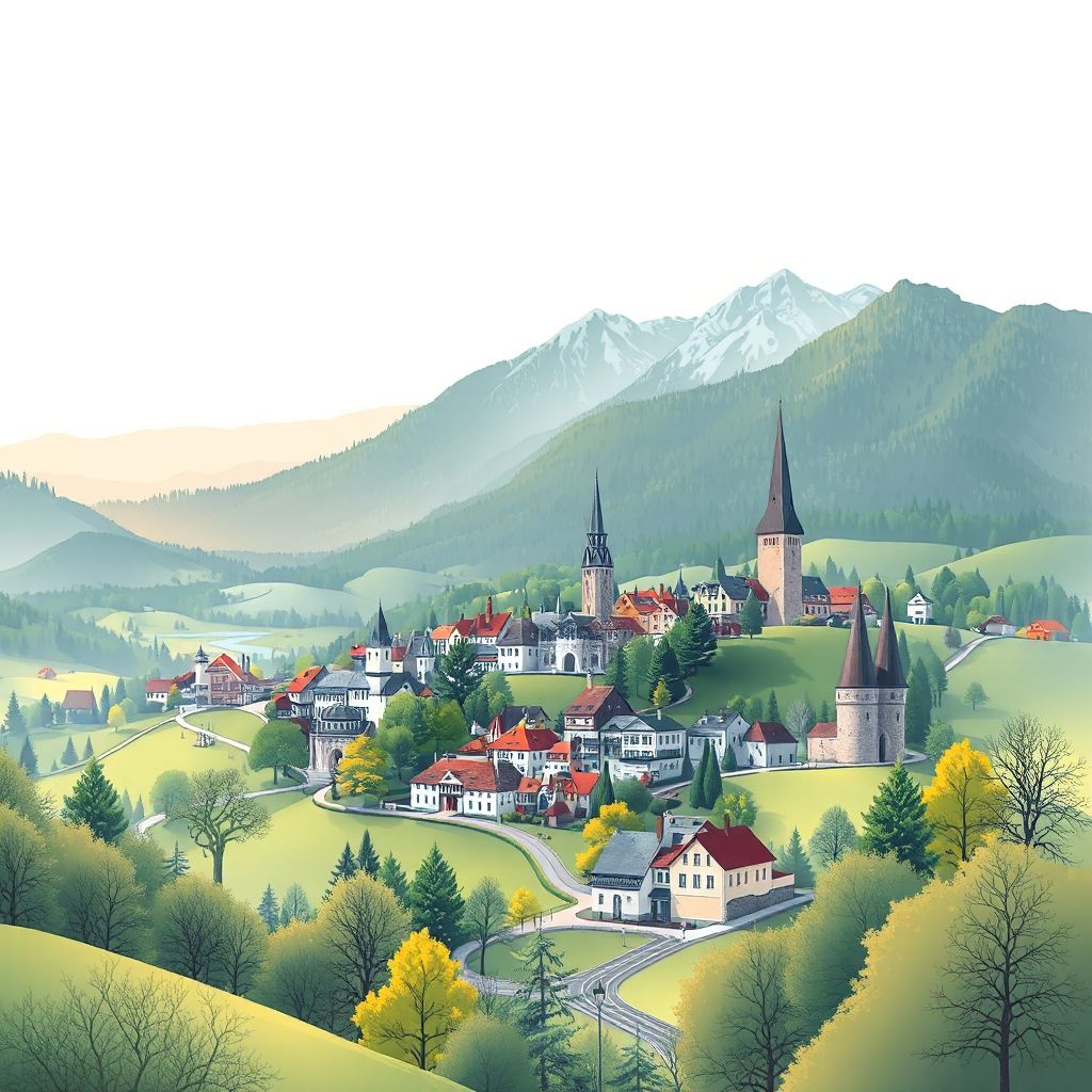 Ultra-high-definition gradient illustration style Vosges illustration, showing the unique charm of the Vosges Mountains, the town of Gerardmer, and the Munster Valley.