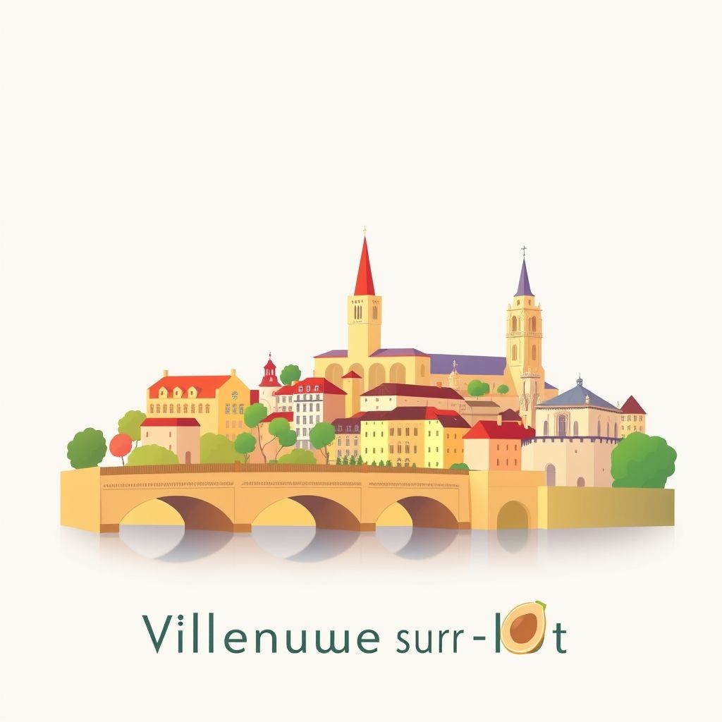 Gradient illustration of Villeneuve-sur-Lot featuring the Pont de la Libération, Église Sainte-Catherine, Bastide architecture, foie gras, and prunes.