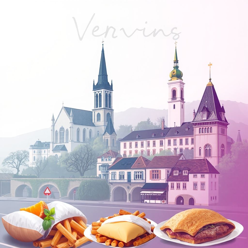 Ultra-high-definition gradient illustration of Vervins featuring the Church of Saint-Nicolas, Vervins Town Hall, and Ficelle Picarde.