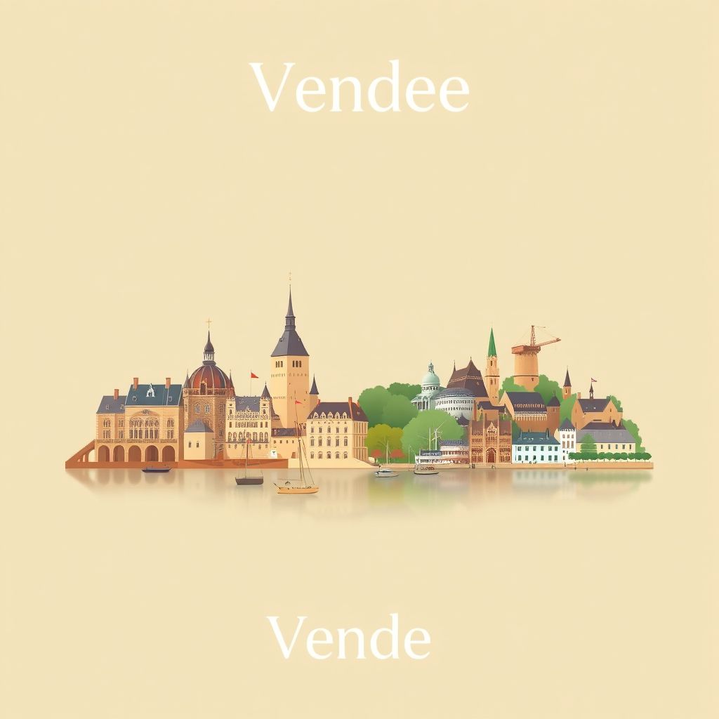 Ultra-high-definition gradient illustration of Vendee, featuring Puy du Fou, Les Sables-d'Olonne, Marais Poitevin, and local seafood.