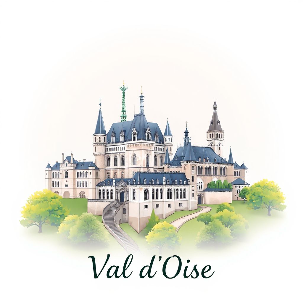 Ultra-high-definition gradient illustration style Val d'Oise illustration, showing the unique charm of the Chateau de Chantilly and the Royaumont Abbey.