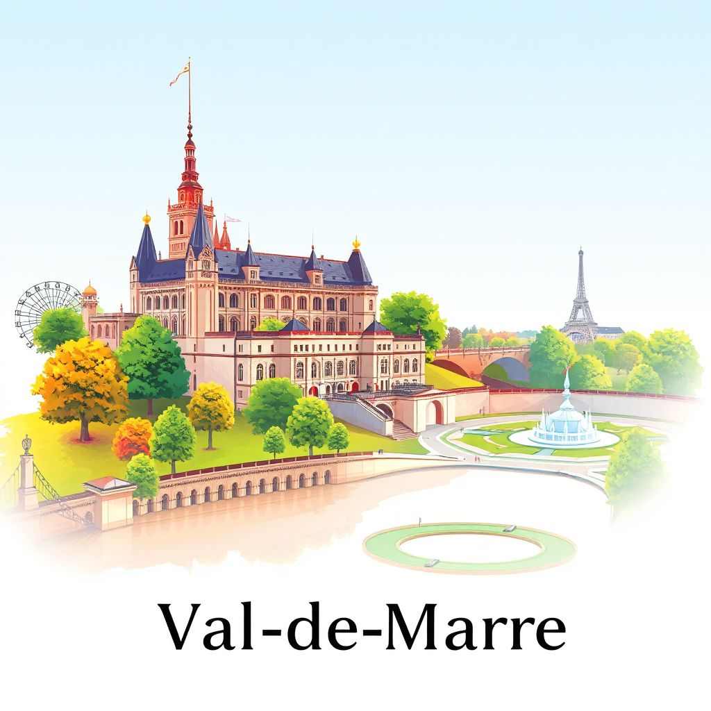 Ultra-high-definition gradient illustration of Val-de-Marne, featuring the Château de Vincennes and Parc de Sceaux, showcasing the region's unique charm.