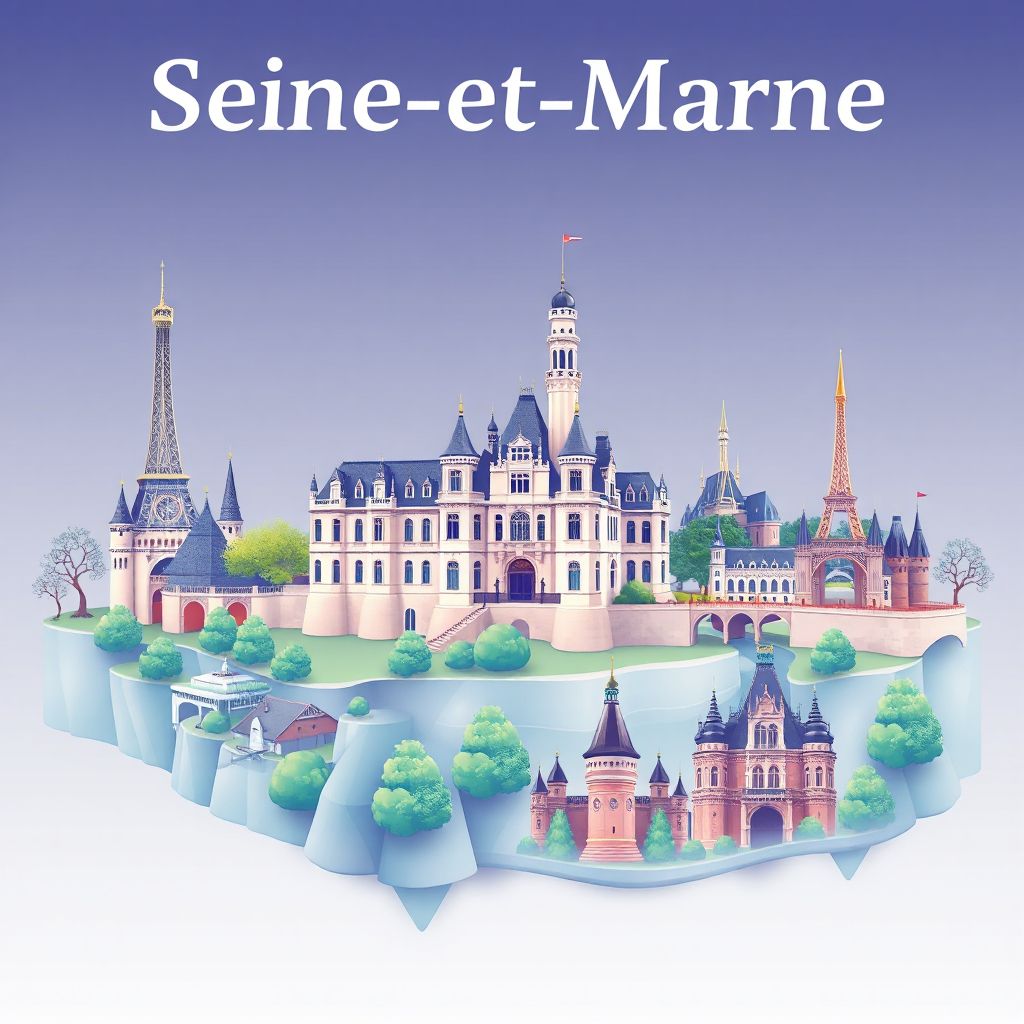 Ultra-high-definition gradient illustration of Seine-et-Marne, featuring Château de Vaux-le-Vicomte and Disneyland Paris.