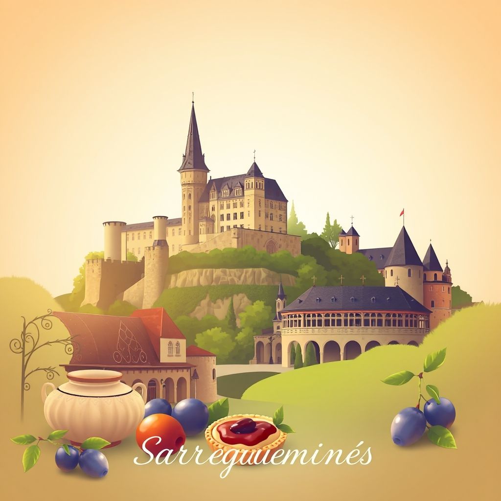 Ultra-high-definition gradient illustration of Sarreguemines, featuring Blies Castle, Sarreguemines Casino, earthenware pottery, and Mirabelle plum tarts.