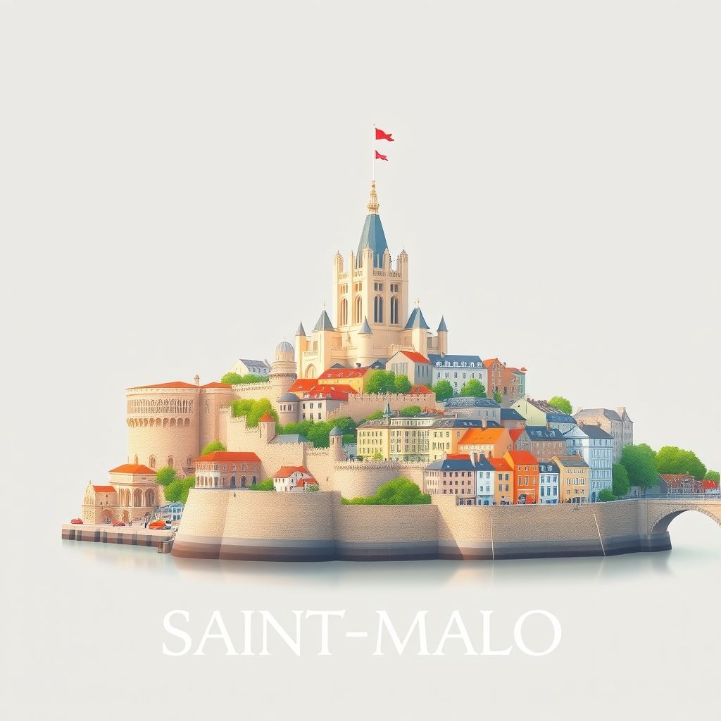 Ultra-high-definition gradient illustration of Saint-Malo, featuring the Saint-Malo Cathedral, historic walled city, Breton architecture, and galettes.