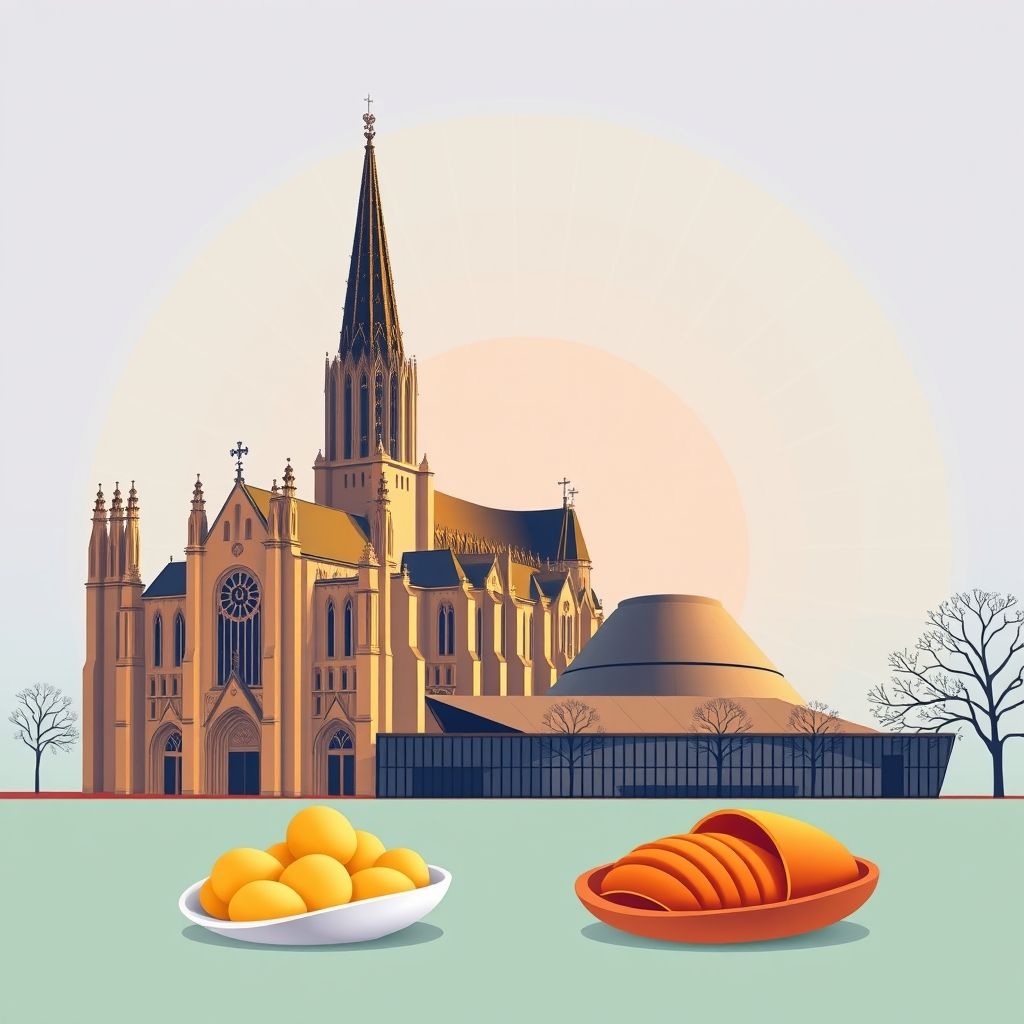 Ultra-high-definition gradient illustration of Rodez, featuring the Rodez Cathedral, the Soulages Museum, and local culinary specialties like aligot and tripoux.