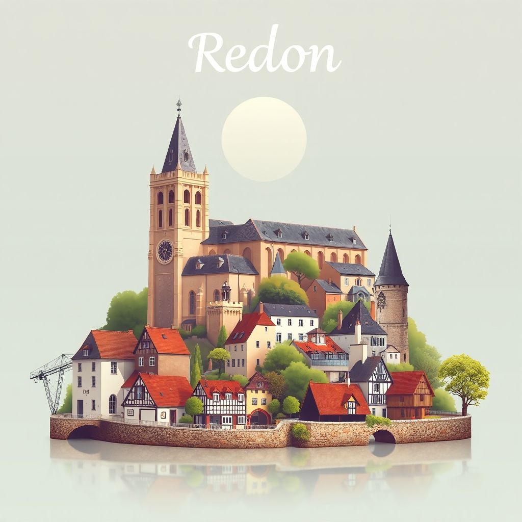 Ultra-high-definition gradient illustration of Redon, featuring Redon Abbey, Vilaine River, traditional Breton houses, and Galette-saucisse.