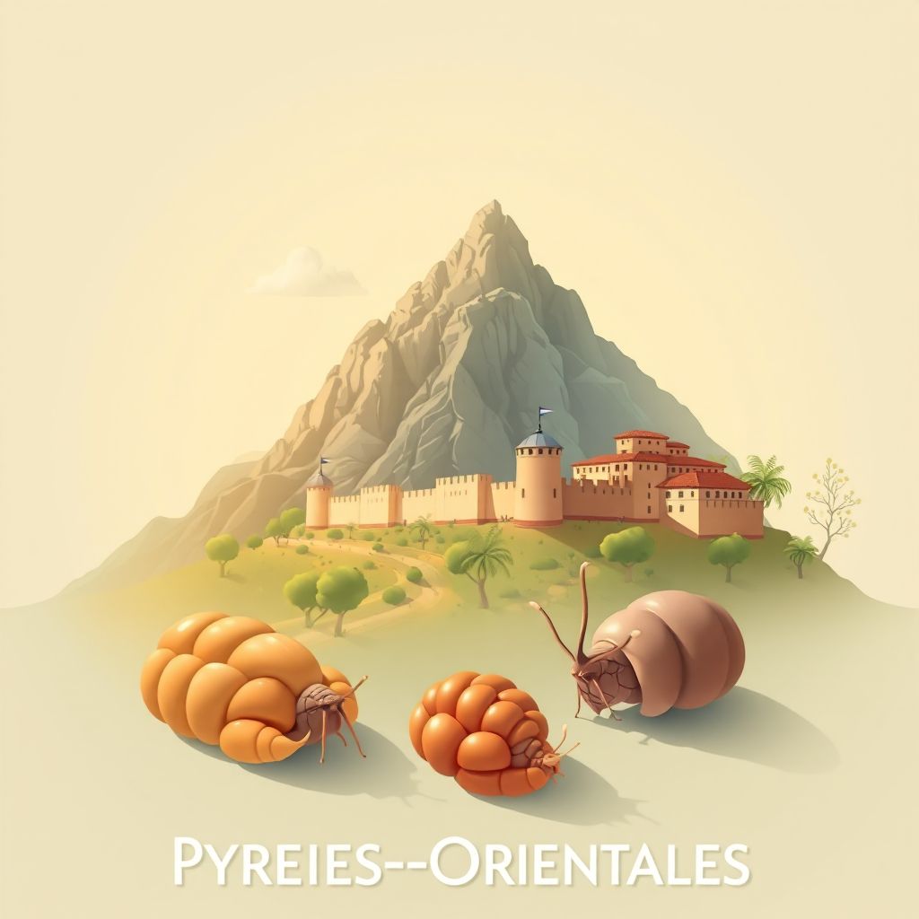 Ultra-high-definition gradient illustration style Pyrenees-Orientales illustration, showing the unique charm of Canigou Mountain, the Fort de Salses, and Escargot.