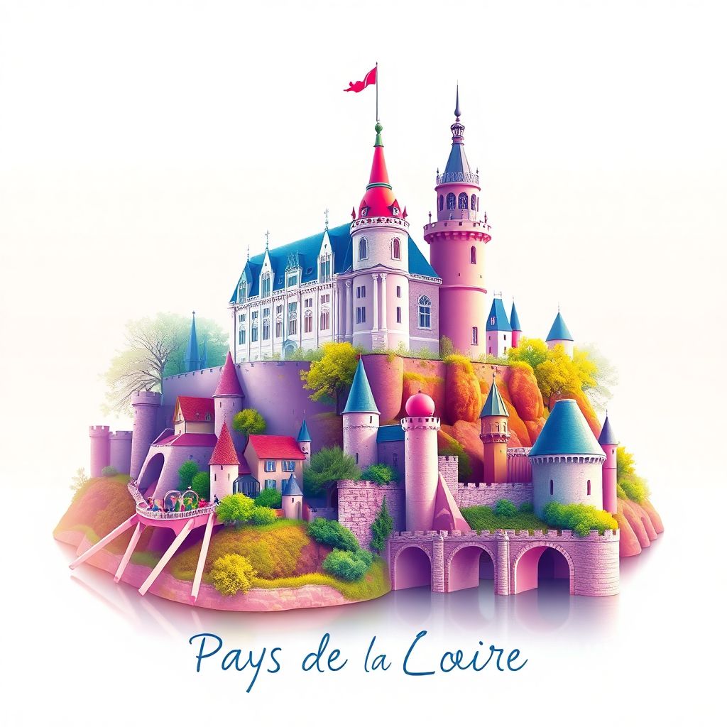 Ultra-high-definition gradient illustration of Pays de la Loire, France, highlighting the Château des ducs de Bretagne, Puy du Fou theme park, and Muscadet wine.
