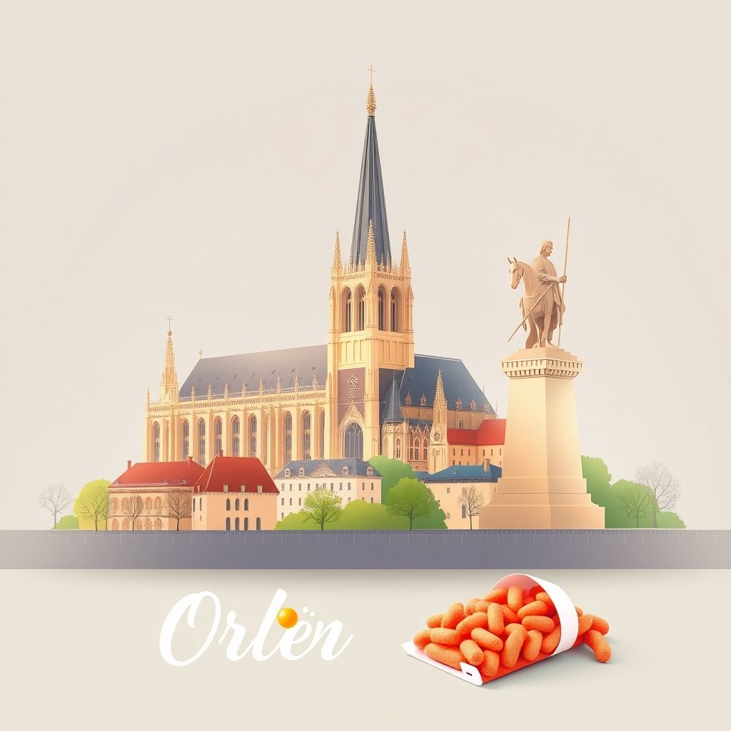 Ultra-high-definition gradient illustration of Orléans, featuring the Orléans Cathedral, Joan of Arc statue, and Cotignac candy.