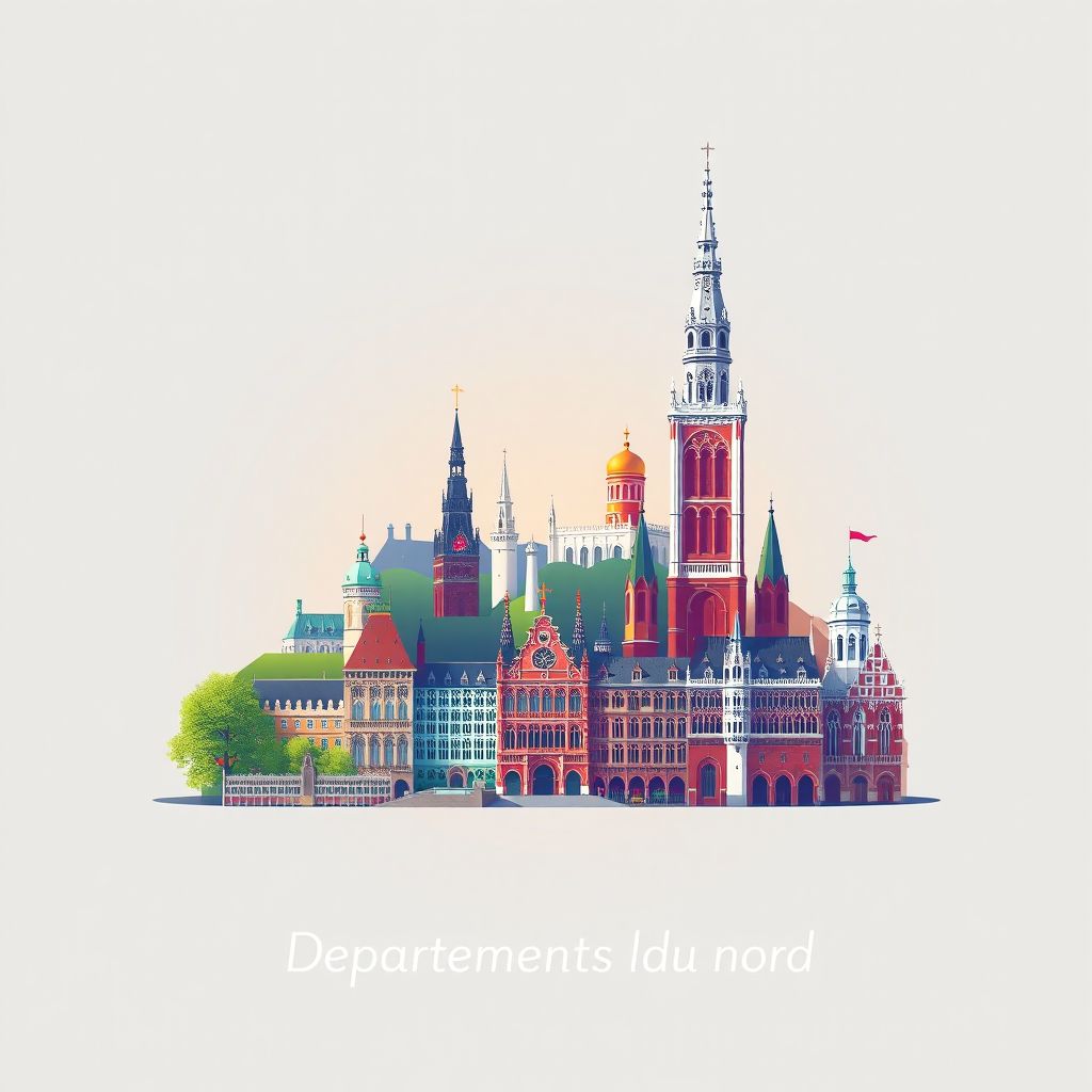 Ultra-high-definition gradient illustration style Departement du Nord illustration, showing the unique charm of the Belfry of Lille, the Citadel of Lille, and the Grand Place.