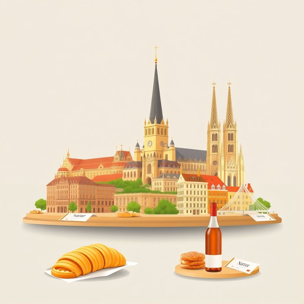 Ultra-high-definition gradient illustration of Nantes, featuring the Château des ducs de Bretagne, the Cathédrale Saint-Pierre et Saint-Paul, galettes, and muscadet wine.