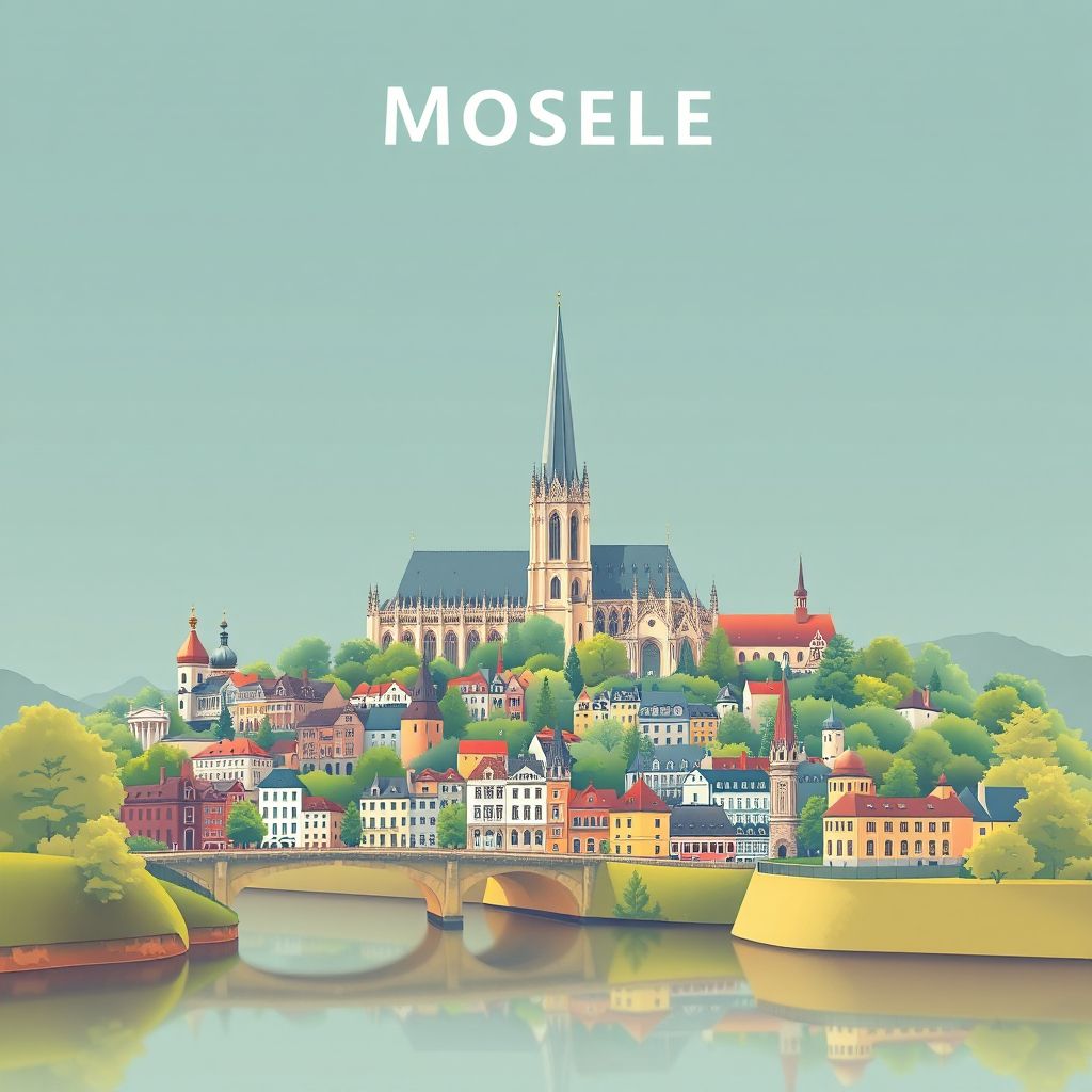 Ultra-high-definition gradient illustration of Moselle, Grand Est, France, featuring Metz Cathedral, Moselle River, and Quiche Lorraine.