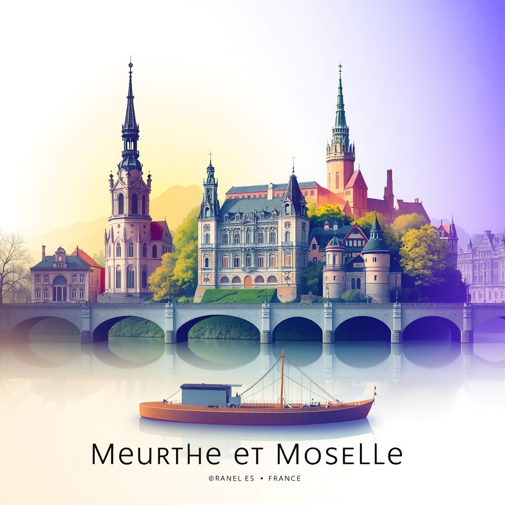 Ultra-high-definition gradient illustration of Meurthe et Moselle, Grand Est, France, featuring Stanislas Square, Château de Lunéville, and the Moselle River.