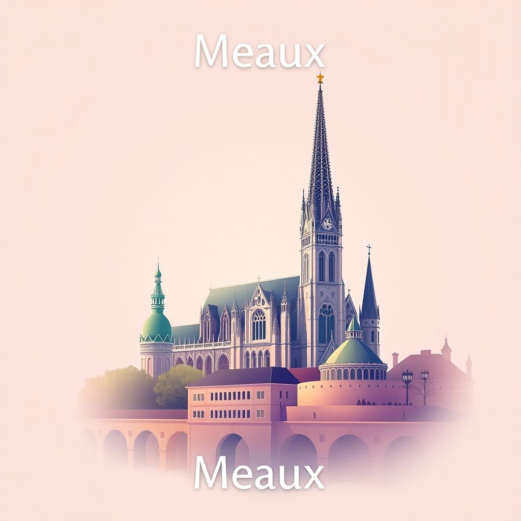 Ultra-high-definition gradient illustration of Meaux featuring Meaux Cathedral and Brie de Meaux cheese, highlighting the region's unique charm.