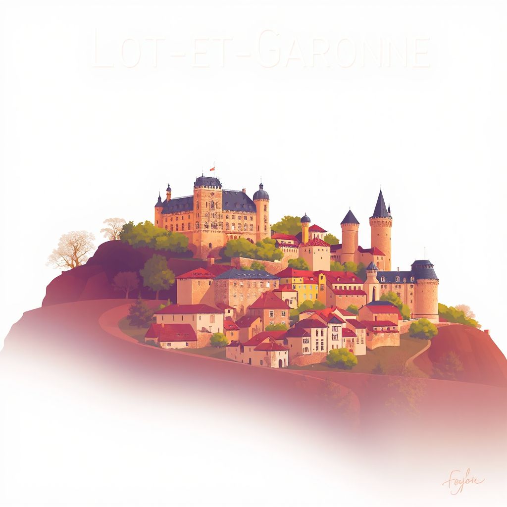 Ultra-high-definition gradient illustration of Lot-et-Garonne featuring Château de Bonaguil, Pujols village, and prune d'Agen.