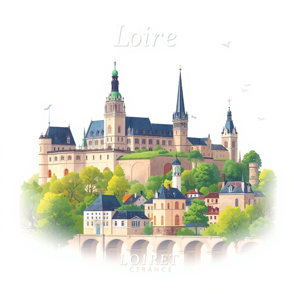 Ultra-high-definition gradient illustration style Loiret illustration, showing the unique charm of the Château de Sully-sur-Loire, the Cathedral of Sainte-Croix, and the historic town of Gien.