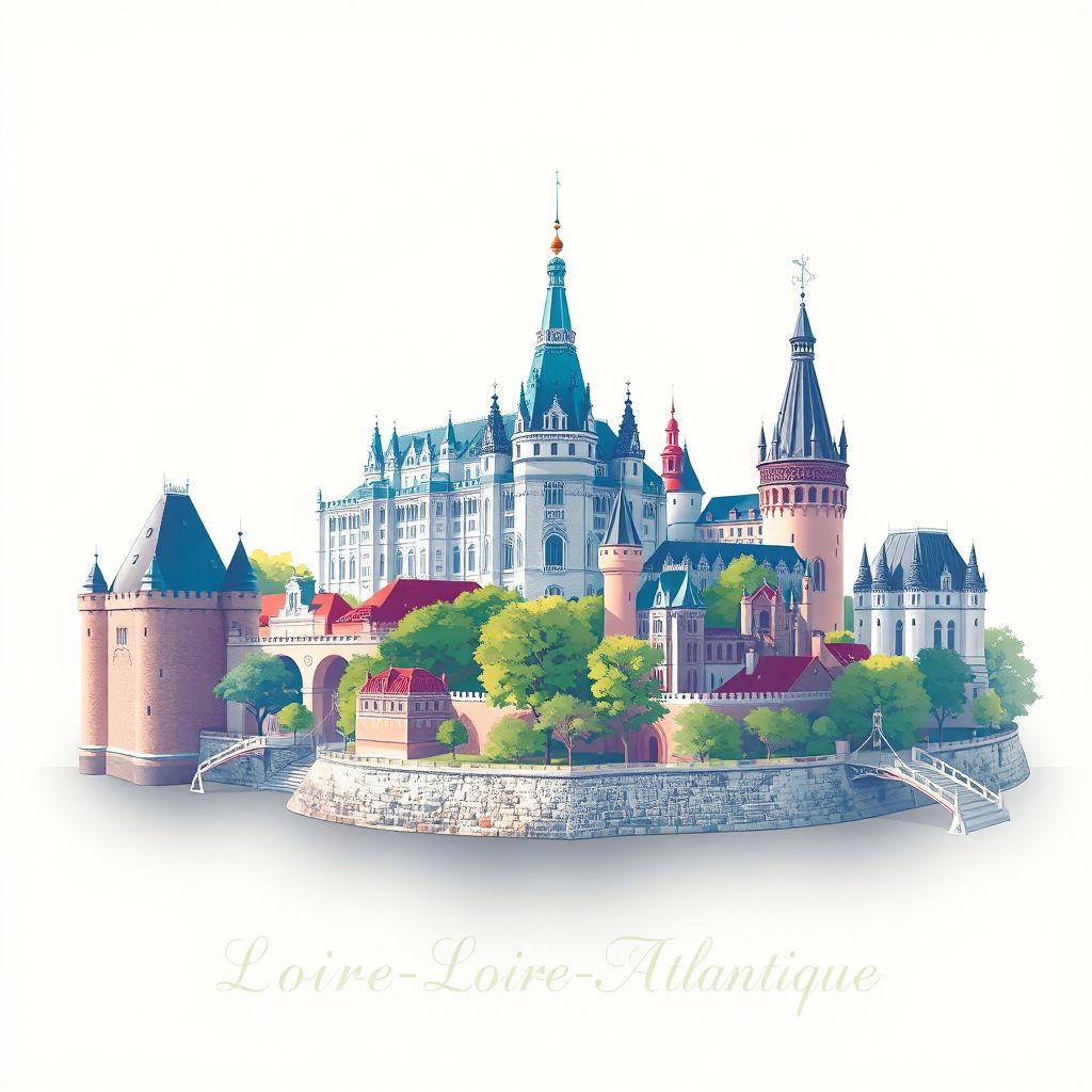 Ultra-high-definition gradient illustration of Loire-Atlantique, featuring the Château des ducs de Bretagne and the Grand Éléphant de Nantes.
