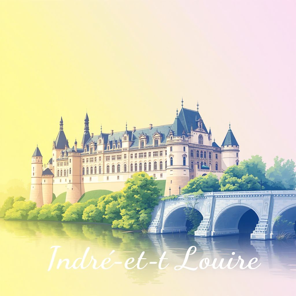 Ultra-high-definition gradient illustration style of Indre-et-Loire, featuring the Château de Chenonceau and the Loire River.