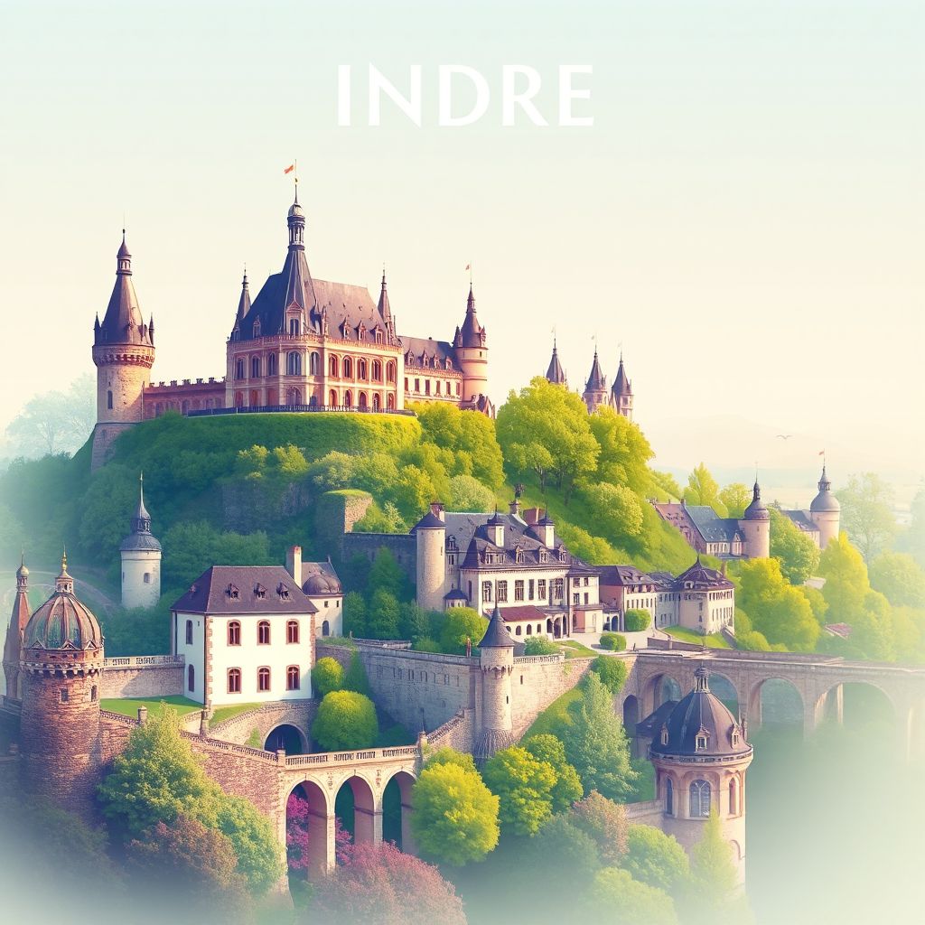 Ultra-high-definition gradient illustration of Indre, Centre, France, highlighting the Château de Valençay, George Sand House, and Brenne Regional Nature Park.