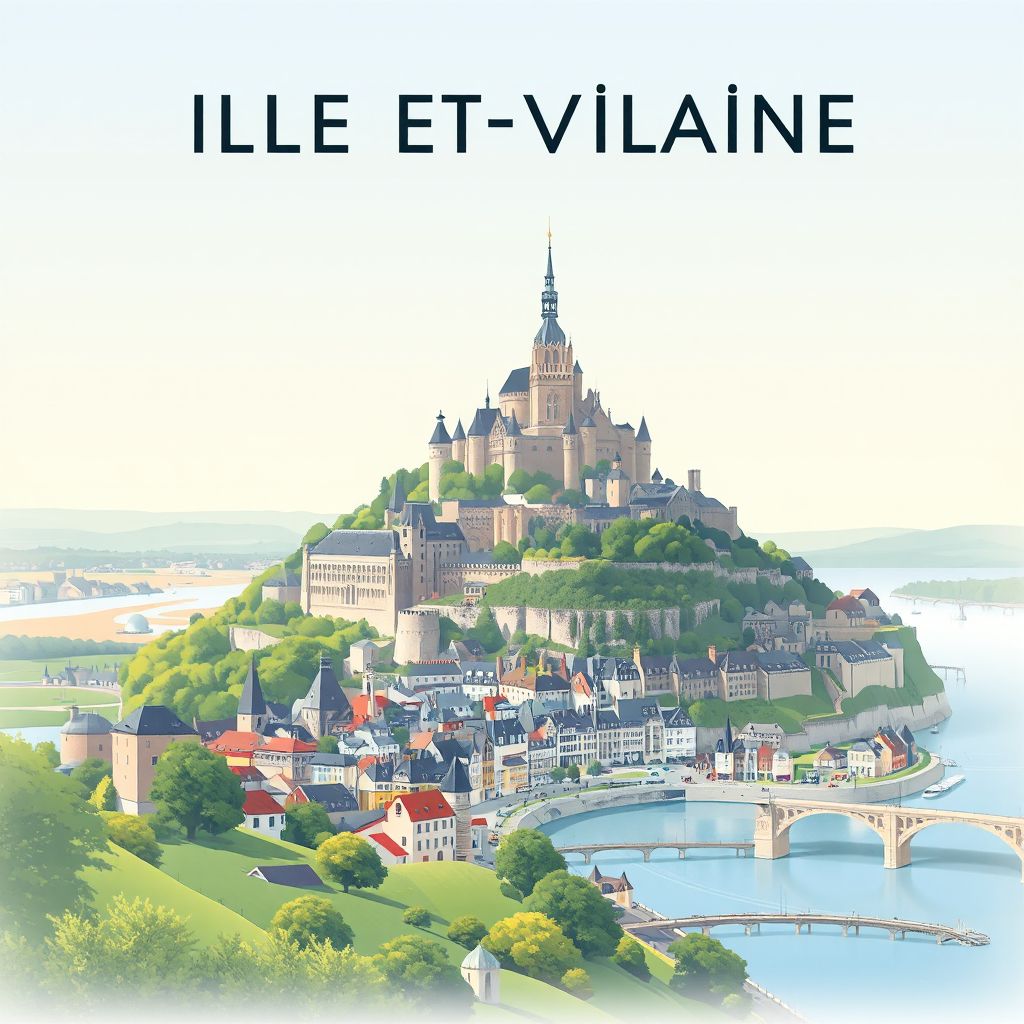 Ultra-high-definition gradient illustration style artwork of Ille-et-Vilaine, featuring Mont Saint-Michel, Rennes, and scenic landscapes.