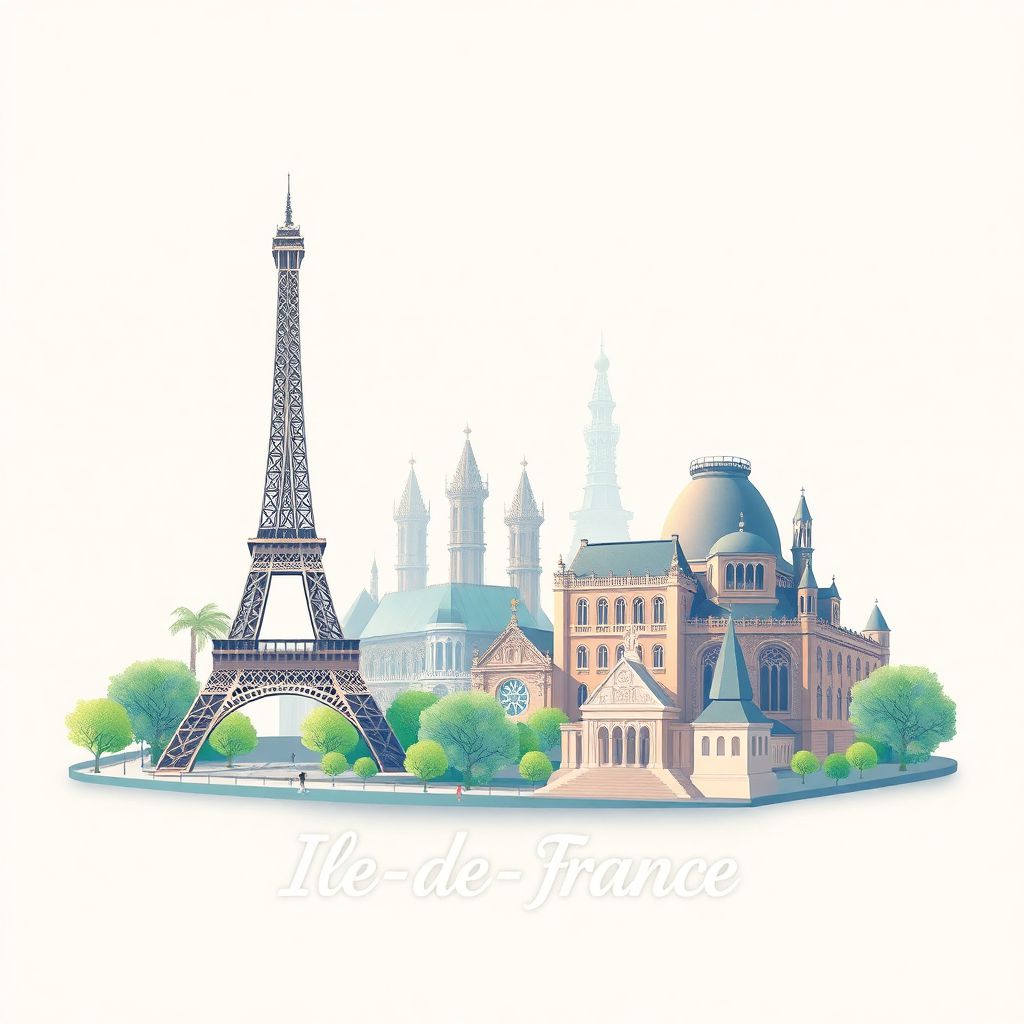 Ultra-high-definition gradient illustration style Ile-de-France illustration, showing the unique charm of the Eiffel Tower, the Louvre Museum, and Notre-Dame Cathedral.