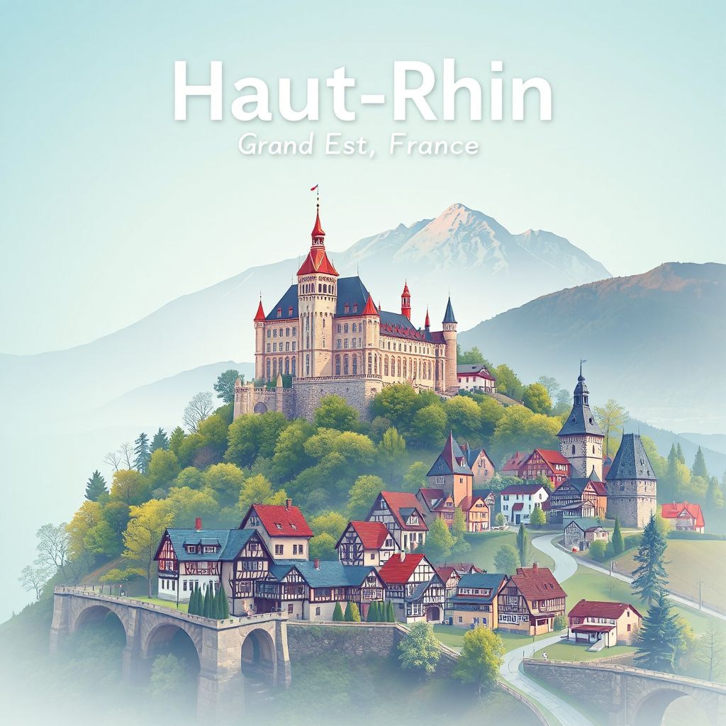 Ultra-high-definition gradient illustration of Haut-Rhin, Grand Est, France, featuring the Château du Haut-Koenigsbourg, Riquewihr, Vosges Mountains, and Tarte Flambée.