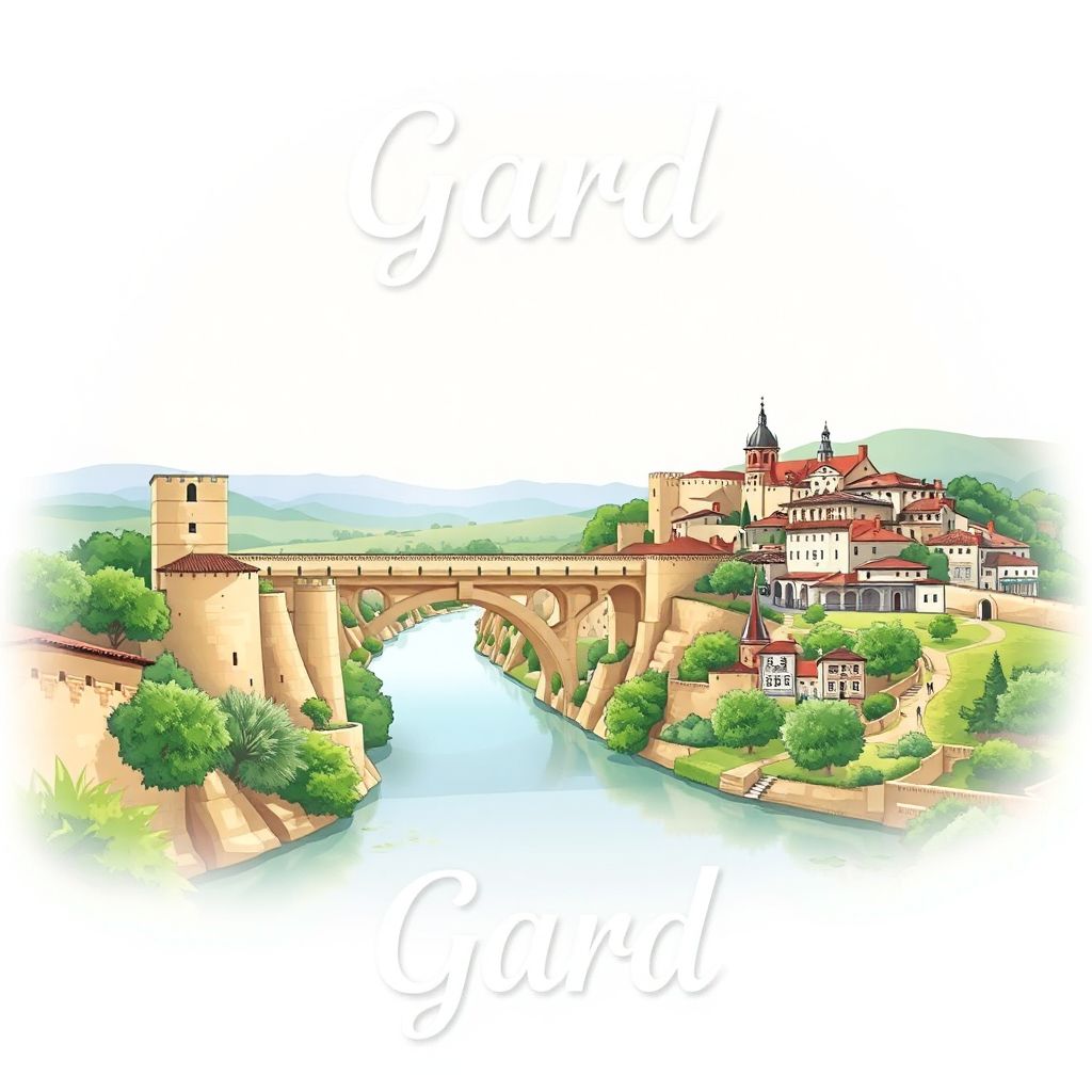 Ultra-high-definition gradient illustration style Gard illustration, showing the unique charm of the Pont du Gard, the historic town of Uzès, and the Camargue.