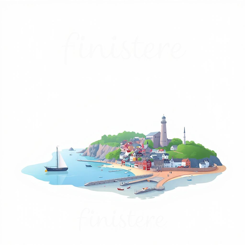 Ultra-high-definition gradient illustration style Finistere illustration, showing the unique charm of the Pointe du Raz, the Crozon Peninsula, and Douarnenez.
