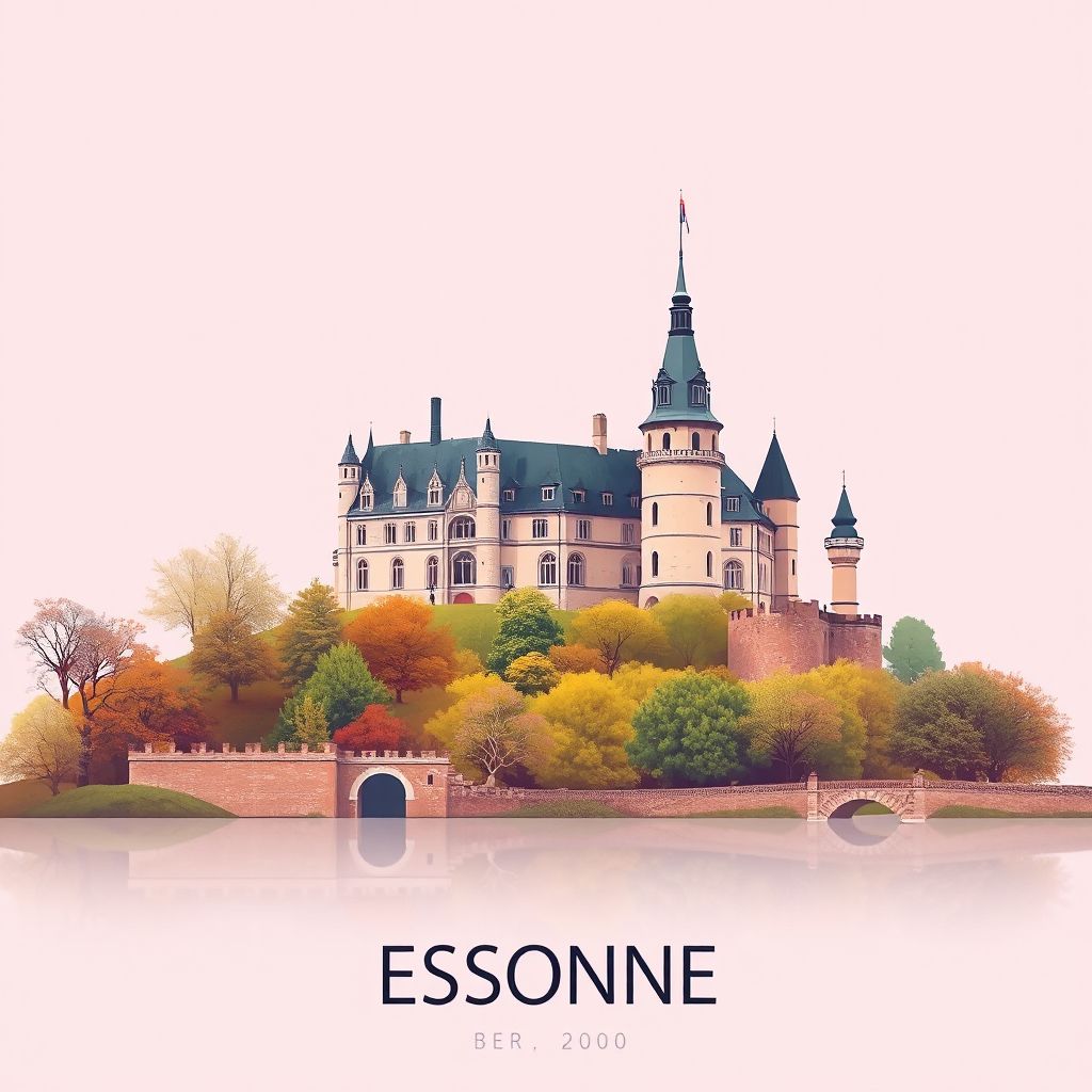 Gradient illustration style artwork of Essonne, Ile-de-France, France, featuring Château de Courances and Parc naturel régional du Gâtinais français.